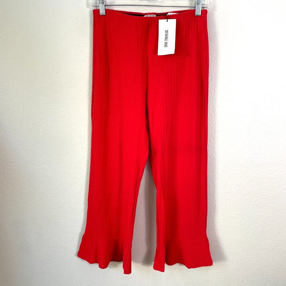 NEW Zara Womens Medium Red Ribbed‎ Flare Crop Pants Pull On